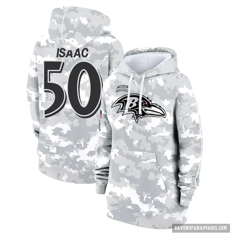 Women's ＃50 Adisa Isaac Baltimore Ravens Arctic Camo 2024 Salute to Service Club Fleece Pullover Hoodie