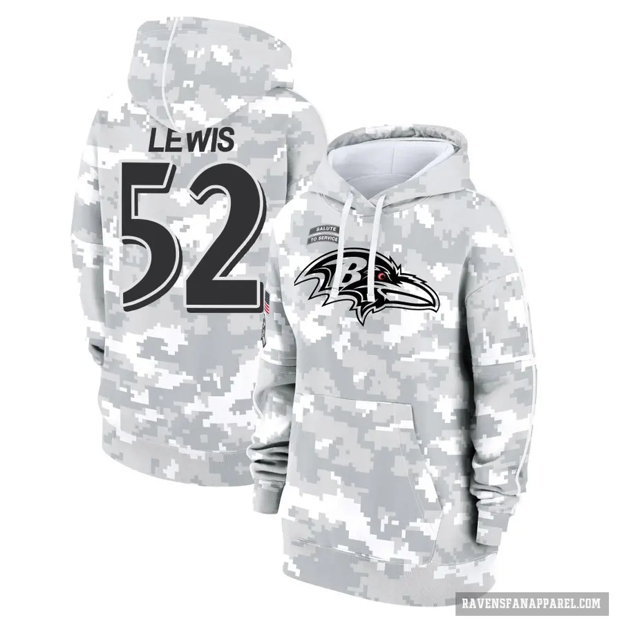 Women's ＃52 Ray Lewis Baltimore Ravens Arctic Camo 2024 Salute to Service Club Fleece Pullover Hoodie