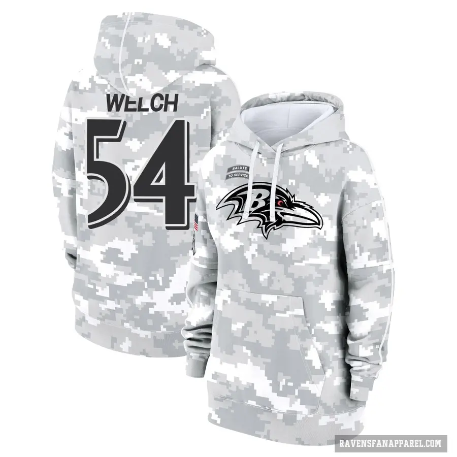 Women's ＃54 Kristian Welch Baltimore Ravens Arctic Camo 2024 Salute to Service Club Fleece Pullover Hoodie