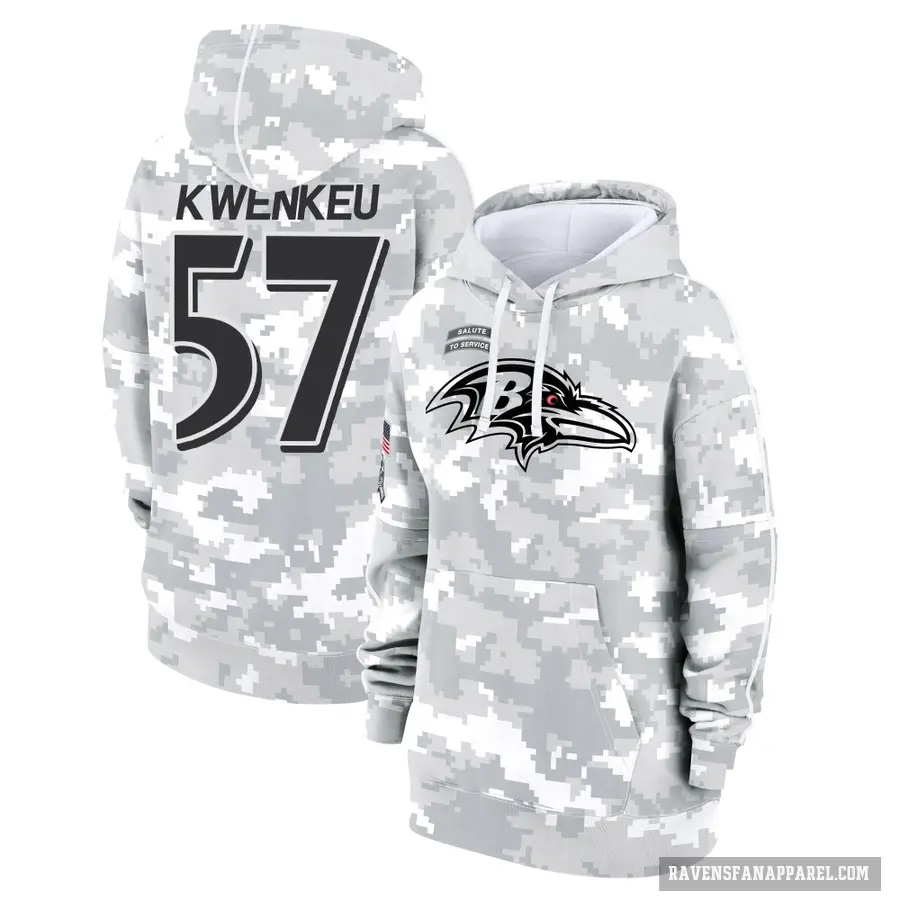 Women's ＃57 William Kwenkeu Baltimore Ravens Arctic Camo 2024 Salute to Service Club Fleece Pullover Hoodie