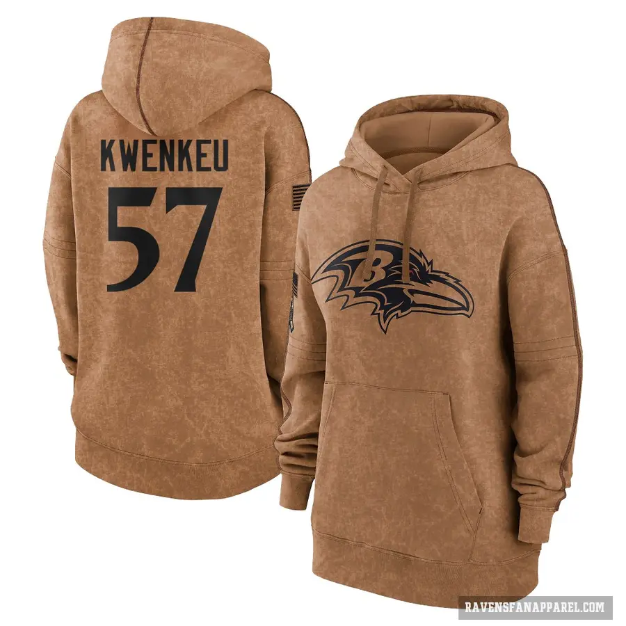 Women's ＃57 William Kwenkeu Baltimore Ravens Brown 2023 Salute To Service Pullover Hoodie