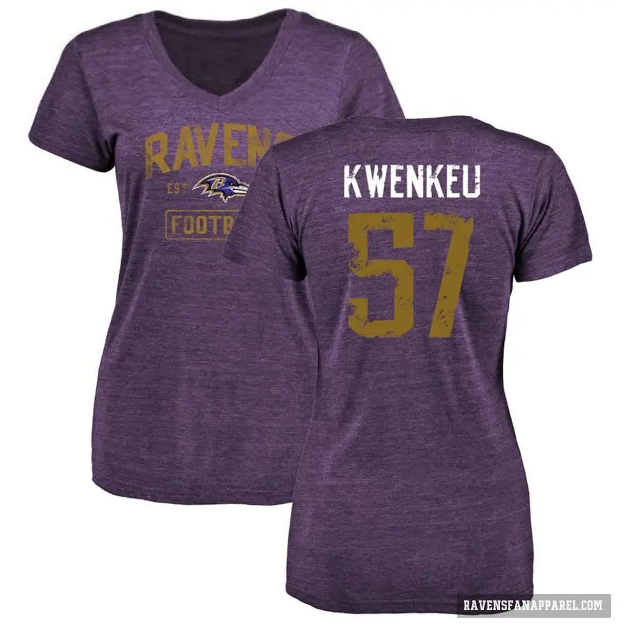 Women's ＃57 William Kwenkeu Baltimore Ravens Purple Distressed V-Neck T-Shirt