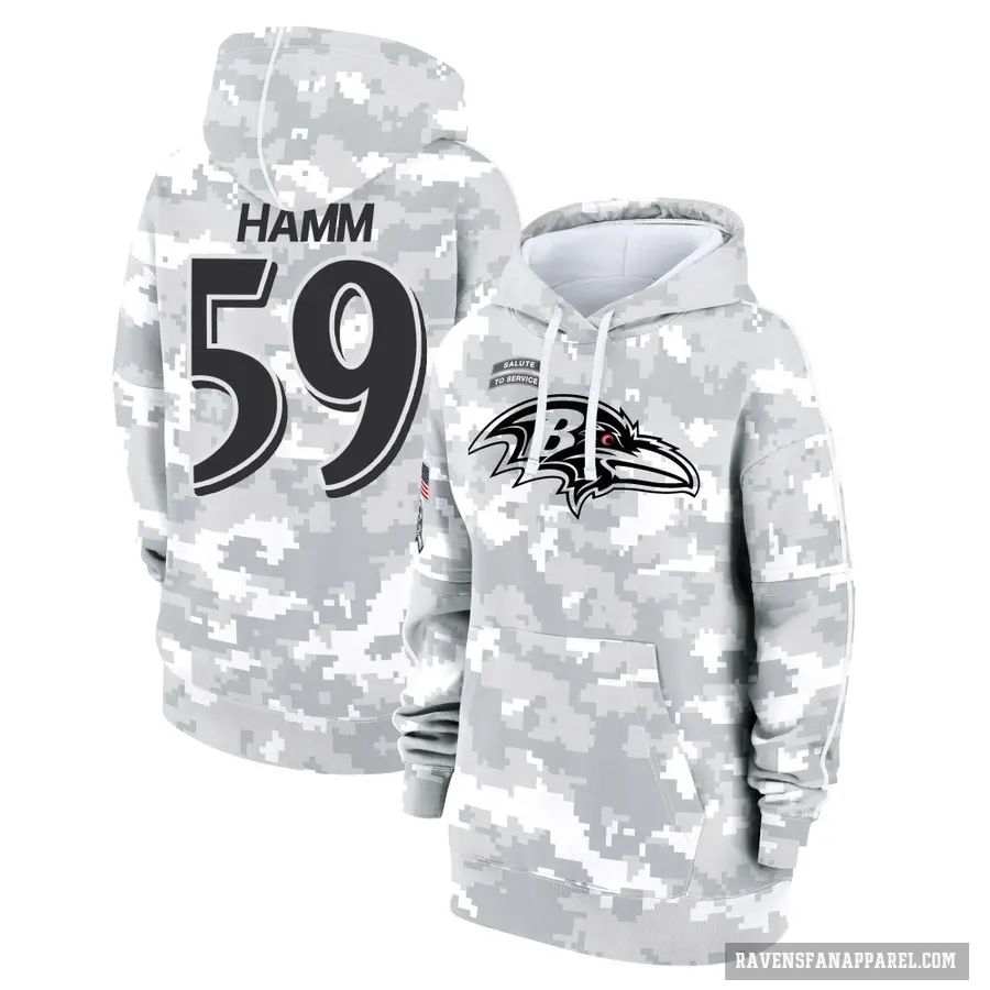 Women's ＃59 Malik Hamm Baltimore Ravens Arctic Camo 2024 Salute to Service Club Fleece Pullover Hoodie