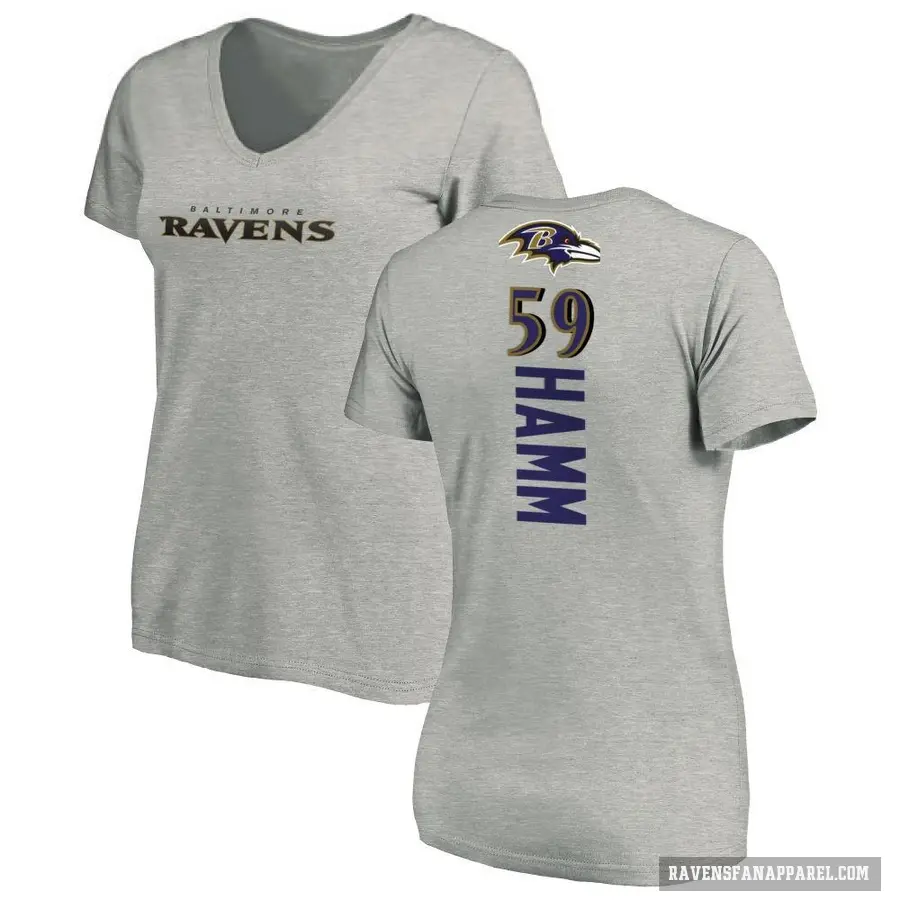 Women's ＃59 Malik Hamm Baltimore Ravens Ash Backer V-Neck T-Shirt