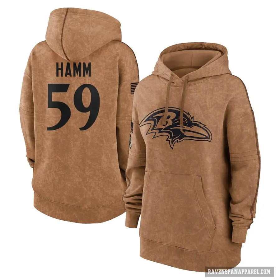 Women's ＃59 Malik Hamm Baltimore Ravens Brown 2023 Salute To Service Pullover Hoodie