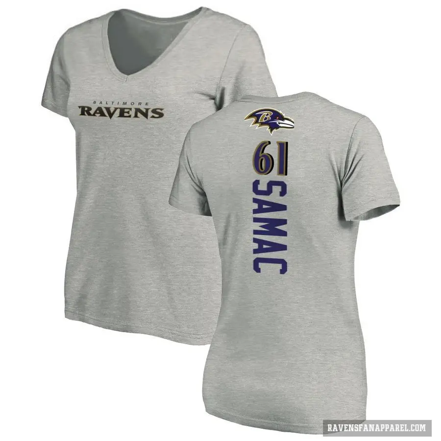 Women's ＃61 Nick Samac Baltimore Ravens Ash Backer V-Neck T-Shirt