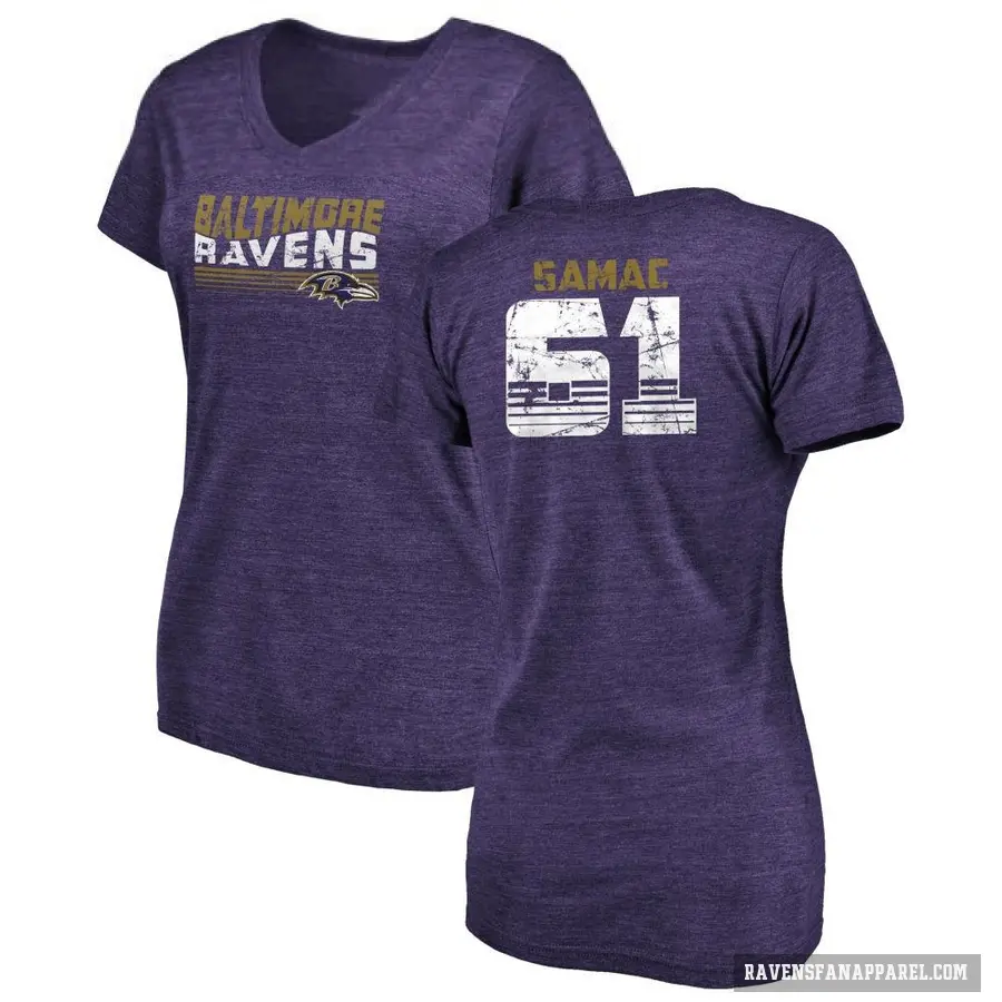 Women's ＃61 Nick Samac Baltimore Ravens Purple Retro V-Neck T-Shirt