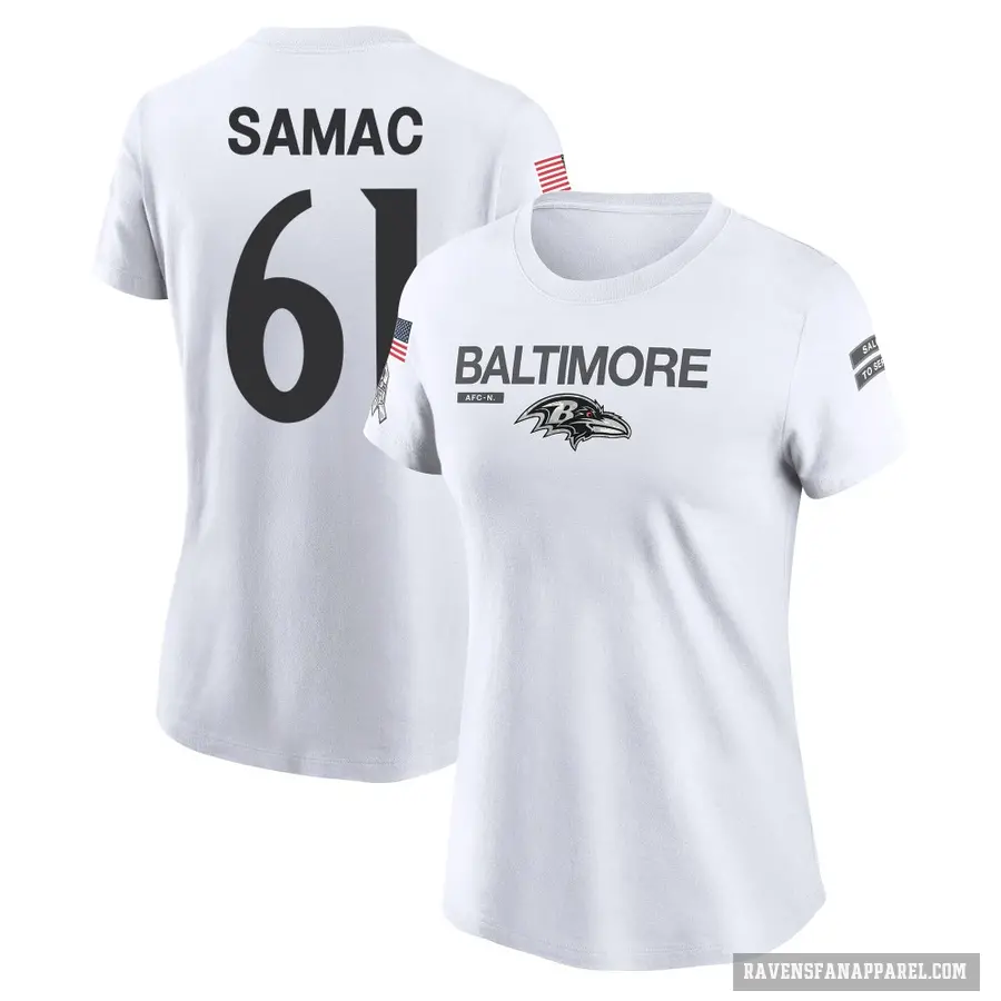 Women's ＃61 Nick Samac Baltimore Ravens White 2024 Salute to Service Performance T-Shirt