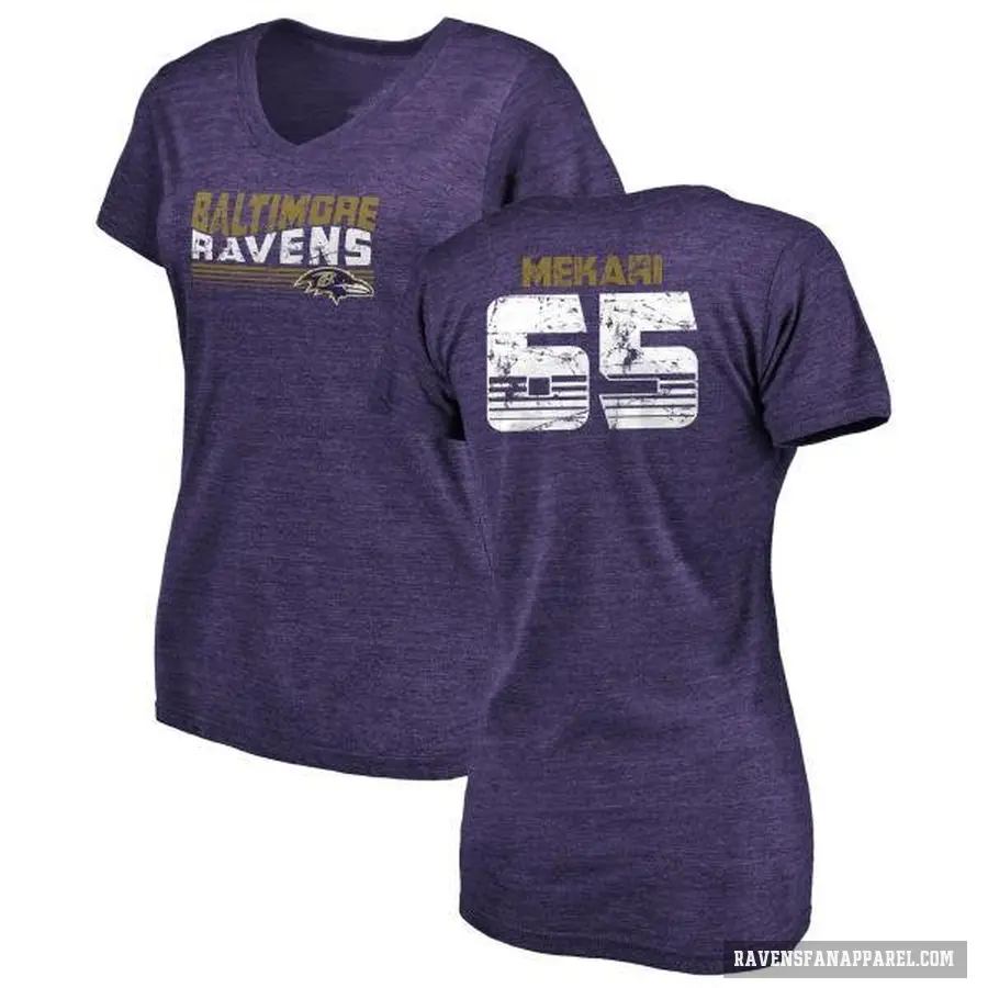 Women's ＃65 Patrick Mekari Baltimore Ravens Purple Retro V-Neck T-Shirt