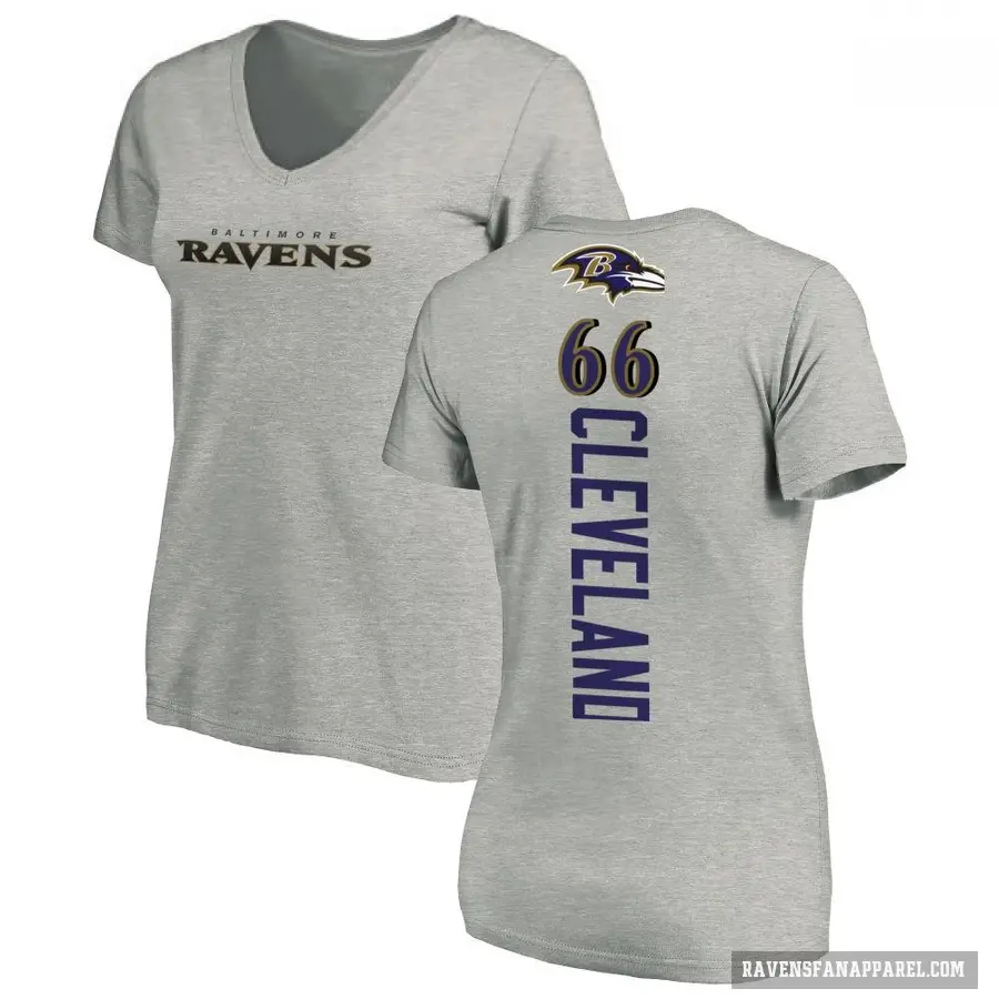 Women's ＃66 Ben Cleveland Baltimore Ravens Ash Backer V-Neck T-Shirt