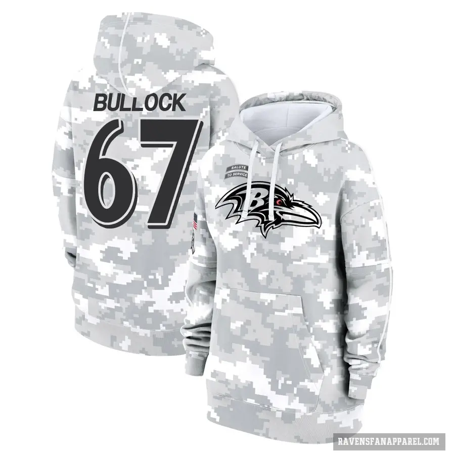 Women's ＃67 Corey Bullock Baltimore Ravens Arctic Camo 2024 Salute to Service Club Fleece Pullover Hoodie