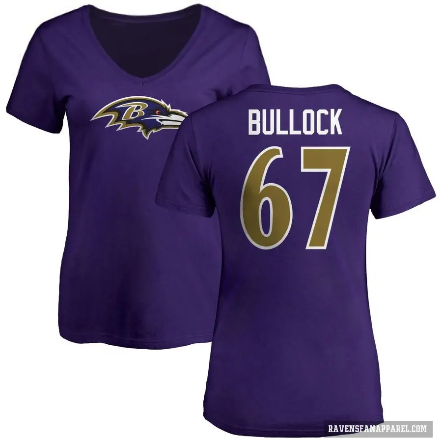 Women's ＃67 Corey Bullock Baltimore Ravens Purple Logo V-Neck T-Shirt