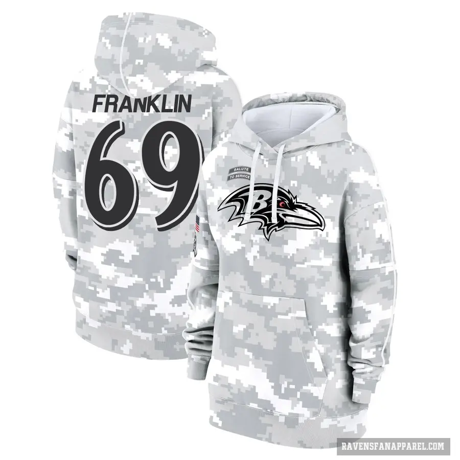 Women's ＃69 Ja'Mion Franklin Baltimore Ravens Arctic Camo 2024 Salute to Service Club Fleece Pullover Hoodie