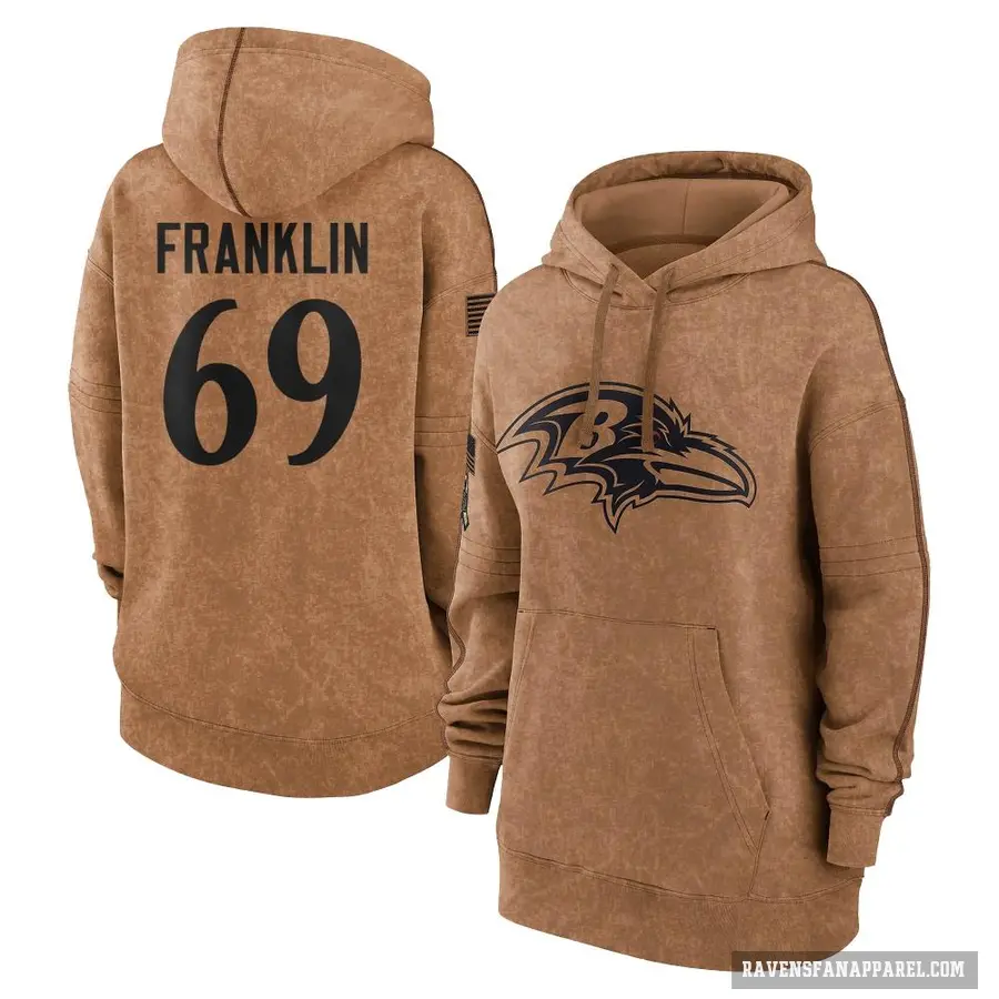 Women's ＃69 Ja'Mion Franklin Baltimore Ravens Brown 2023 Salute To Service Pullover Hoodie