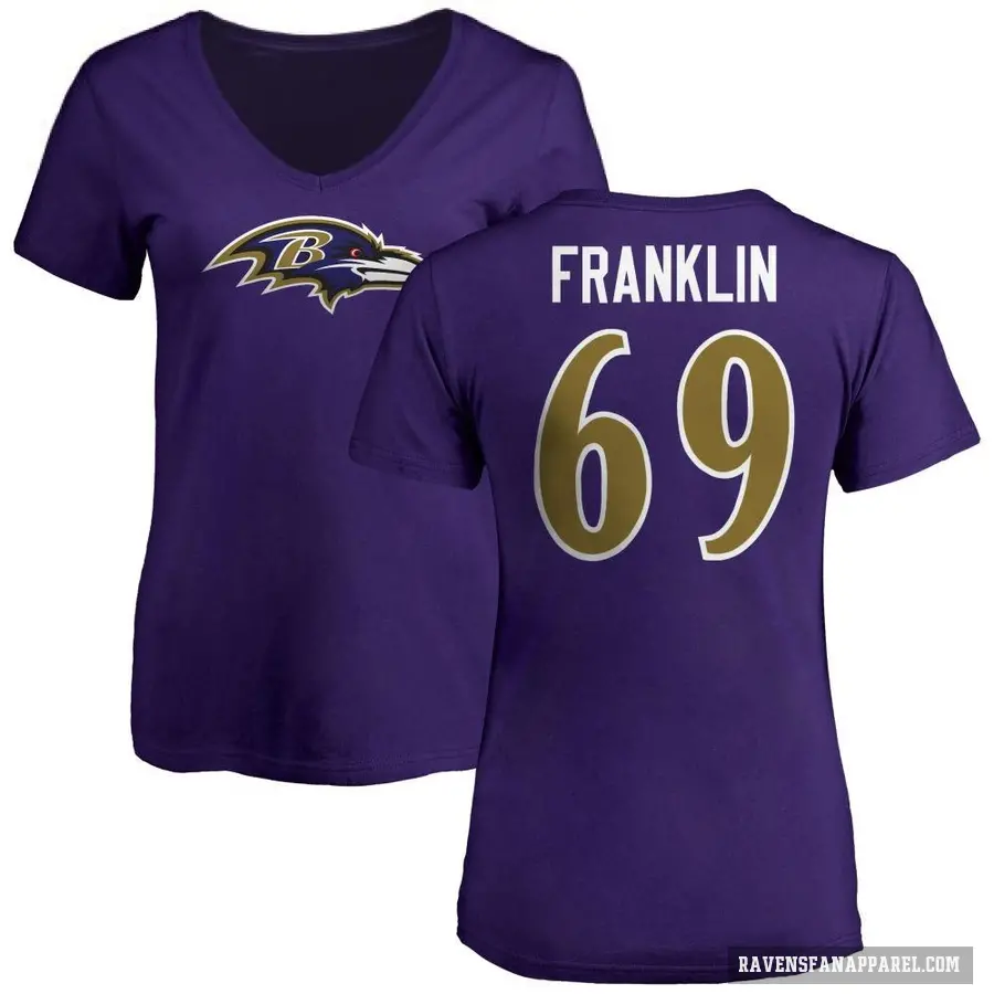 Women's ＃69 Ja'Mion Franklin Baltimore Ravens Purple Logo V-Neck T-Shirt