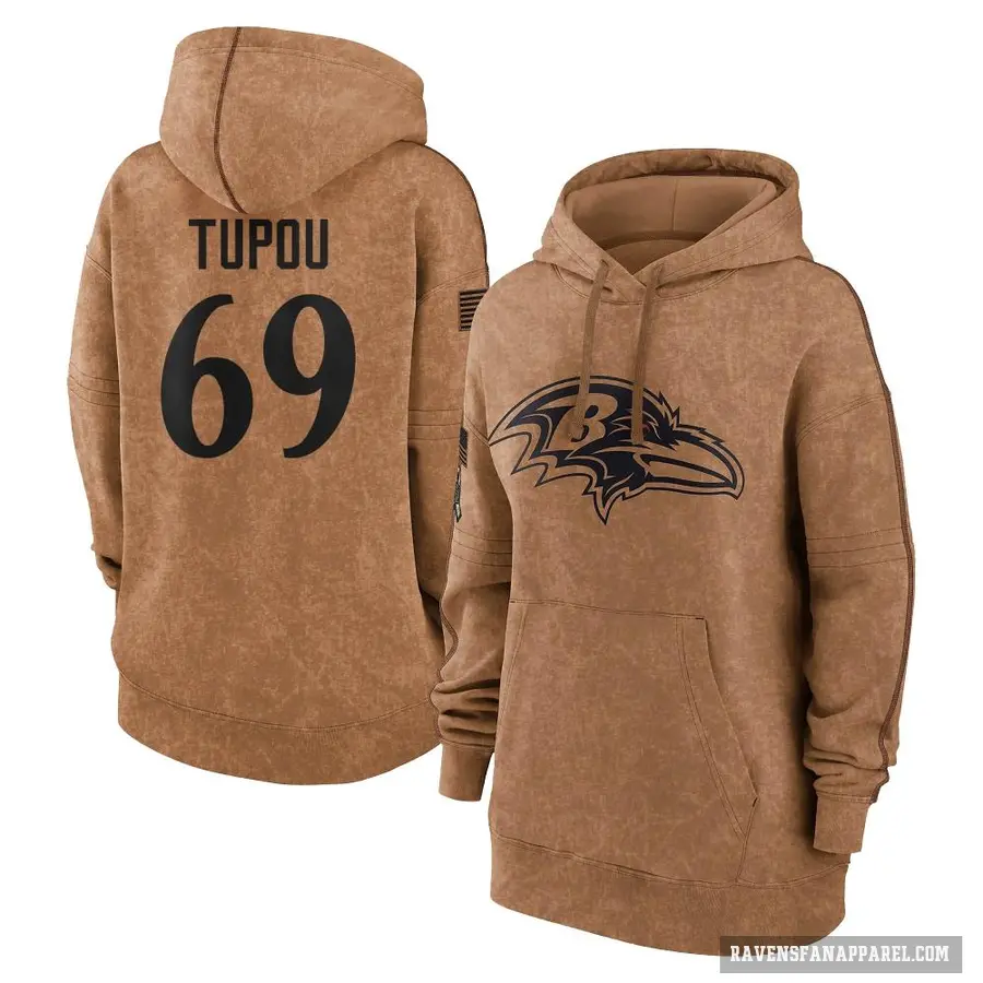 Women's ＃69 Josh Tupou Baltimore Ravens Brown 2023 Salute To Service Pullover Hoodie