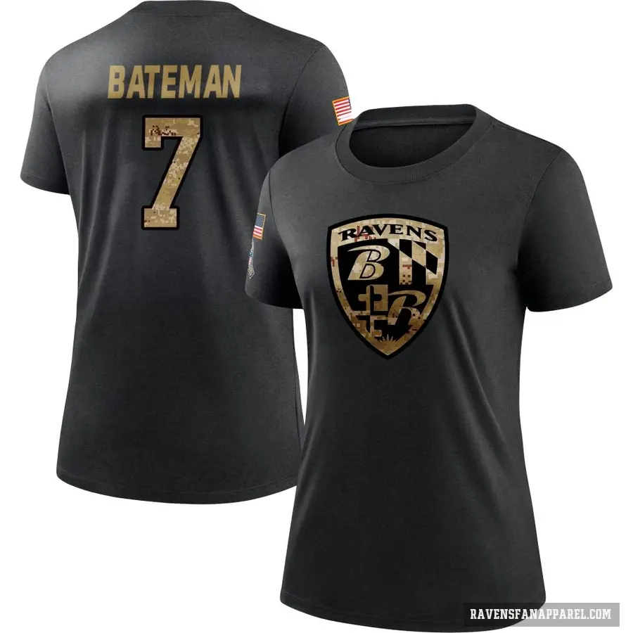 Women's ＃7 Rashod Bateman Baltimore Ravens Black 2020 Salute To Service Performance T-Shirt