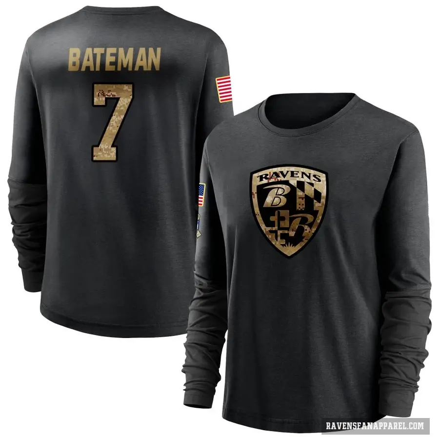 Women's ＃7 Rashod Bateman Baltimore Ravens Black 2020 Salute To Service Sideline Performance Long Sleeve T-Shirt