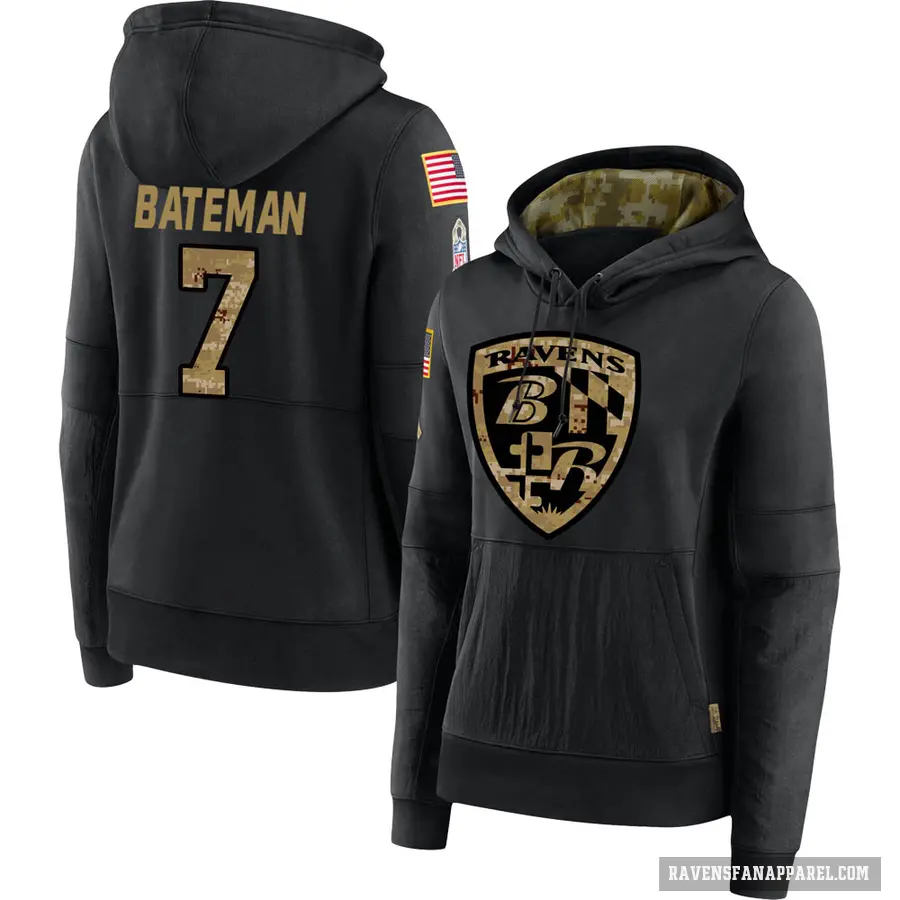 Women's ＃7 Rashod Bateman Baltimore Ravens Black 2020 Salute to Service Sideline Performance Pullover Hoodie