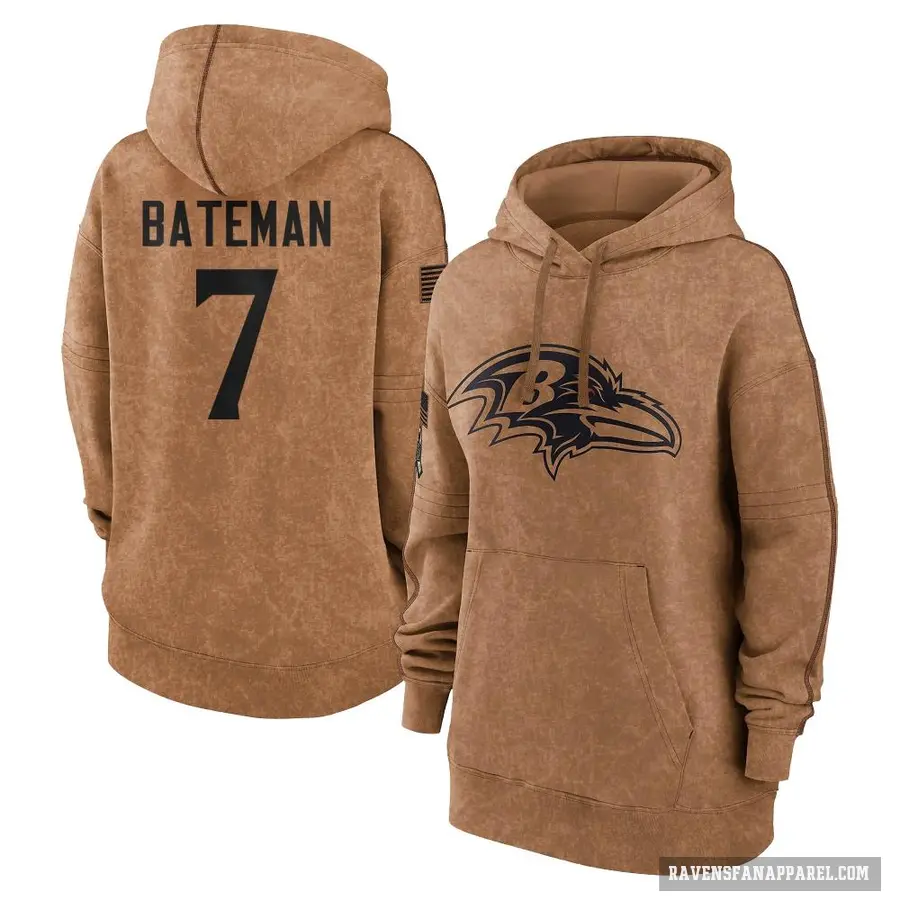 Women's ＃7 Rashod Bateman Baltimore Ravens Brown 2023 Salute To Service Pullover Hoodie