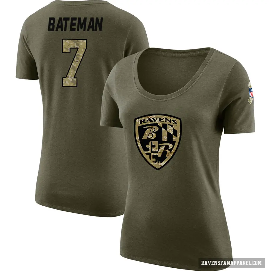 Women's ＃7 Rashod Bateman Baltimore Ravens Olive Salute to Service Scoop Neck T-Shirt