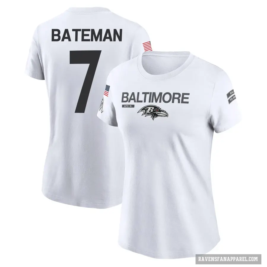 Women's ＃7 Rashod Bateman Baltimore Ravens White 2024 Salute to Service Performance T-Shirt