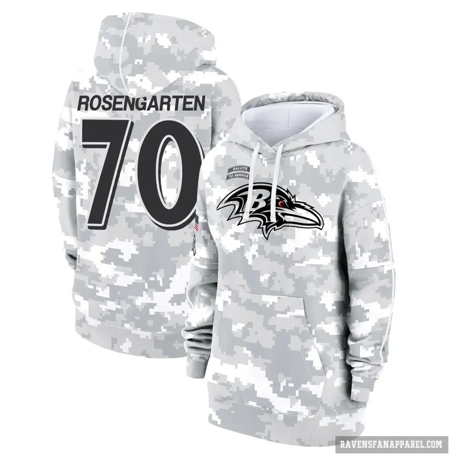 Women's ＃70 Roger Rosengarten Baltimore Ravens Arctic Camo 2024 Salute to Service Club Fleece Pullover Hoodie