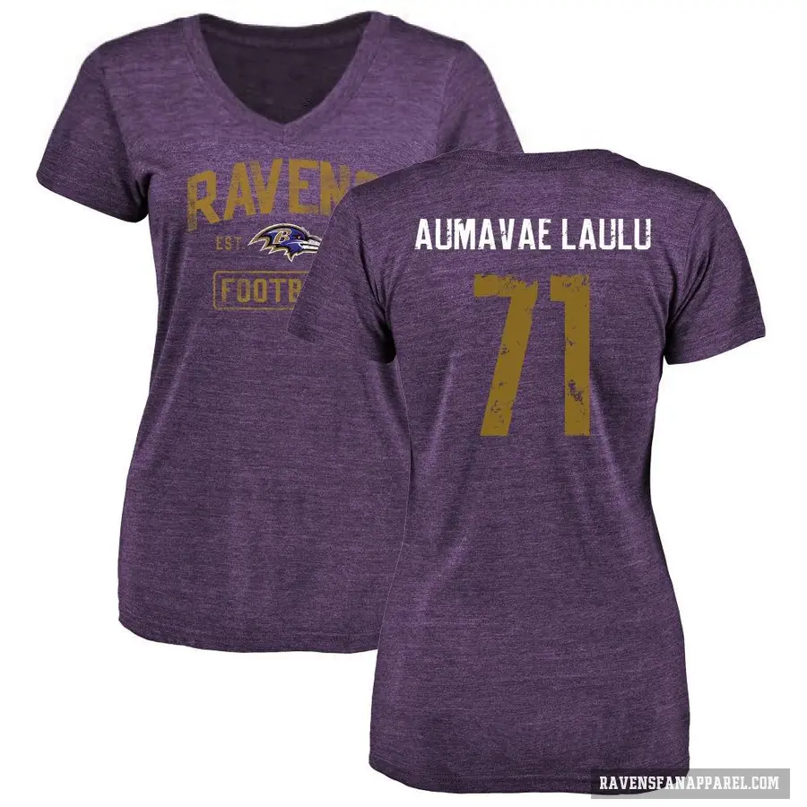 Women's ＃71 Malaesala Aumavae-Laulu Baltimore Ravens Purple Distressed V-Neck T-Shirt