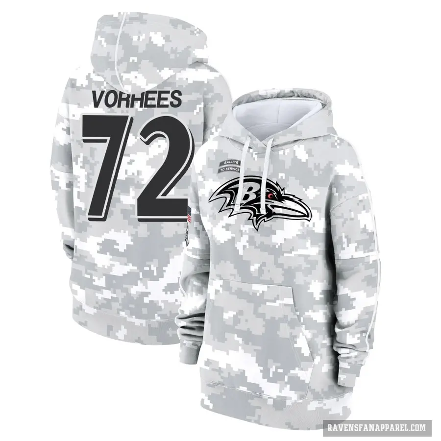 Women's ＃72 Andrew Vorhees Baltimore Ravens Arctic Camo 2024 Salute to Service Club Fleece Pullover Hoodie