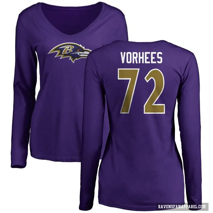 Women's ＃72 Andrew Vorhees Baltimore Ravens Purple Logo Long Sleeve T-Shirt