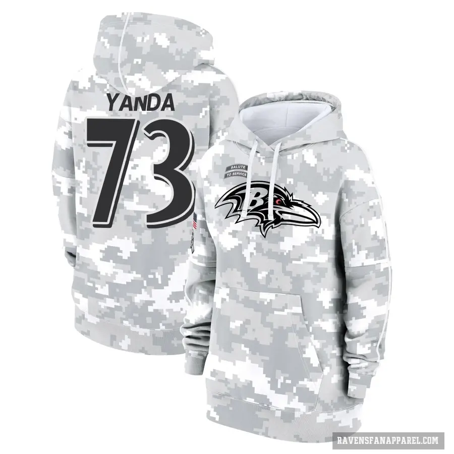 Women's ＃73 Marshal Yanda Baltimore Ravens Arctic Camo 2024 Salute to Service Club Fleece Pullover Hoodie