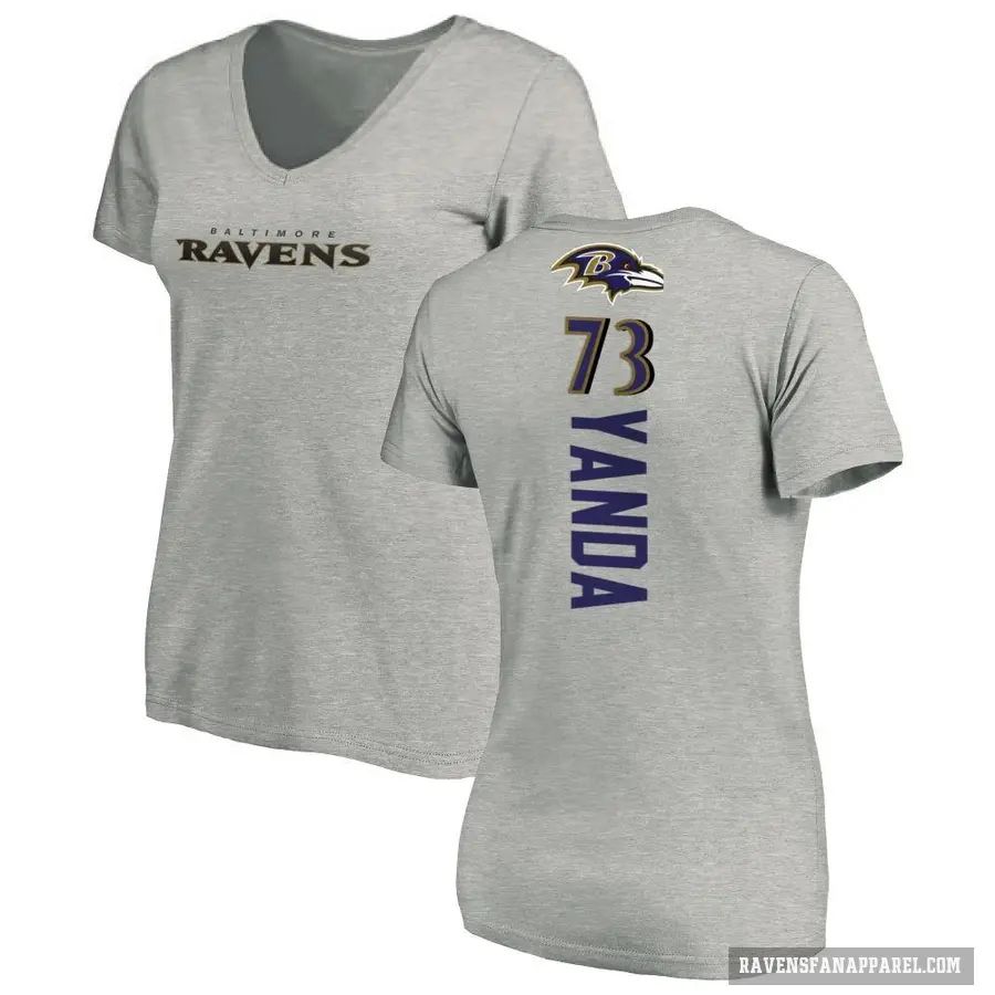 Women's ＃73 Marshal Yanda Baltimore Ravens Ash Backer V-Neck T-Shirt