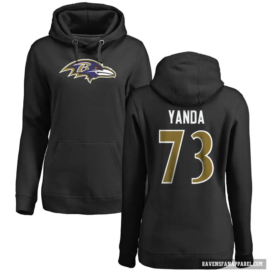 Women's ＃73 Marshal Yanda Baltimore Ravens Black Pro Line Name & Number Logo Pullover Hoodie