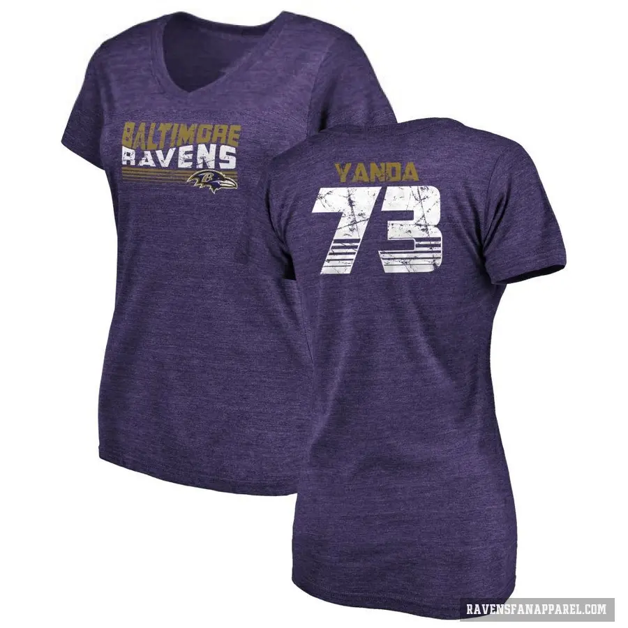 Women's ＃73 Marshal Yanda Baltimore Ravens Purple Retro V-Neck T-Shirt