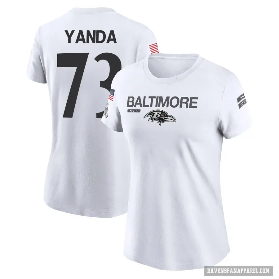 Women's ＃73 Marshal Yanda Baltimore Ravens White 2024 Salute to Service Performance T-Shirt