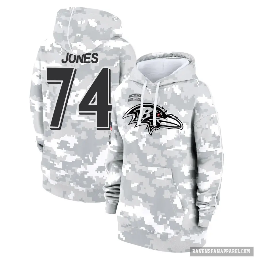 Women's ＃74 Josh Jones Baltimore Ravens Arctic Camo 2024 Salute to Service Club Fleece Pullover Hoodie