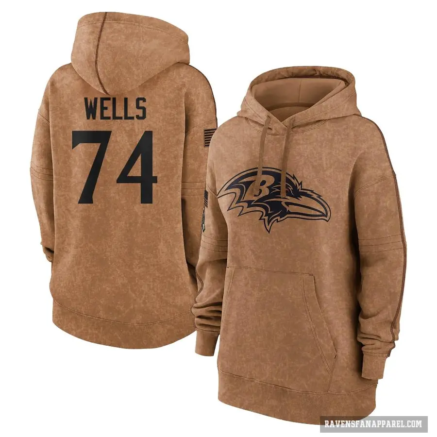 Women's ＃74 Josh Wells Baltimore Ravens Brown 2023 Salute To Service Pullover Hoodie