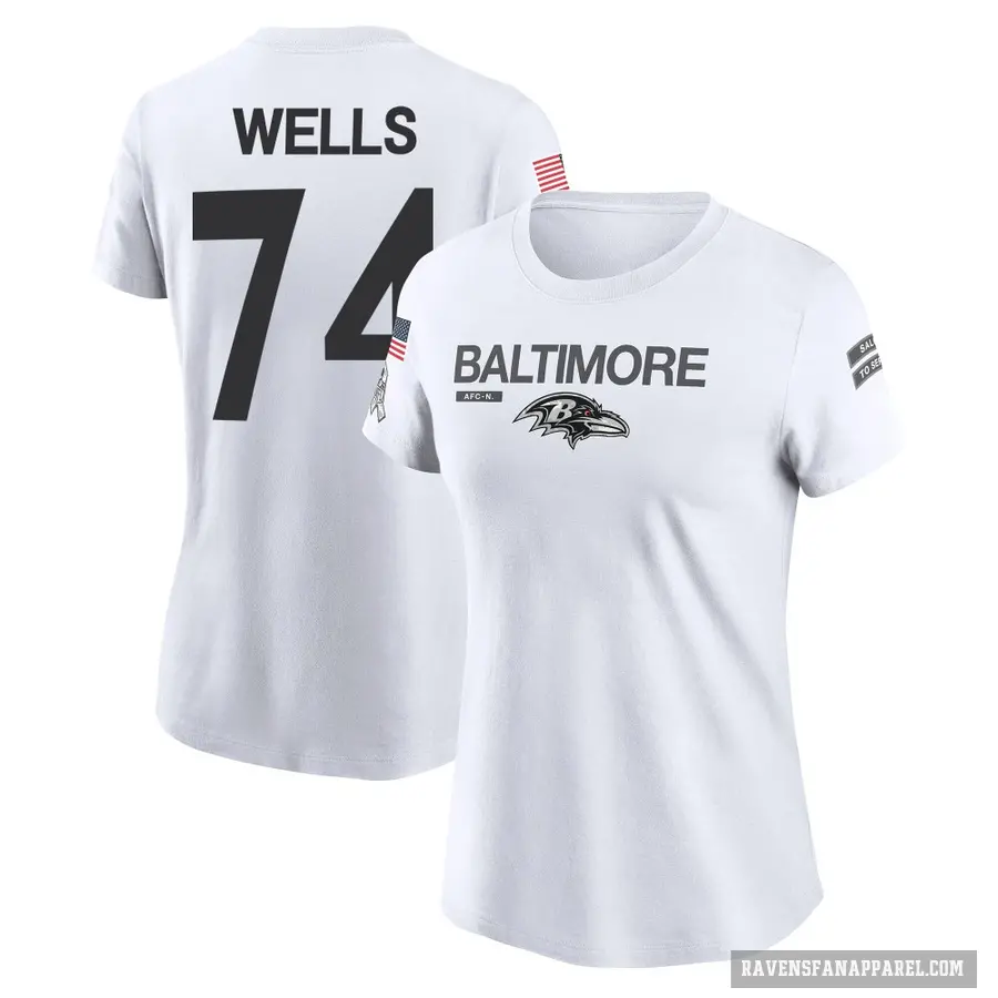 Women's ＃74 Josh Wells Baltimore Ravens White 2024 Salute to Service Performance T-Shirt