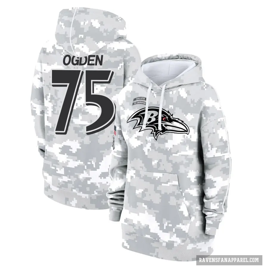 Women's ＃75 Jonathan Ogden Baltimore Ravens Arctic Camo 2024 Salute to Service Club Fleece Pullover Hoodie