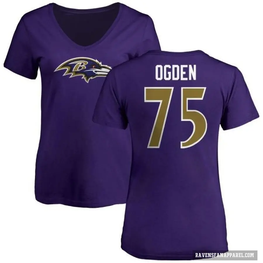 Women's ＃75 Jonathan Ogden Baltimore Ravens Purple Logo V-Neck T-Shirt