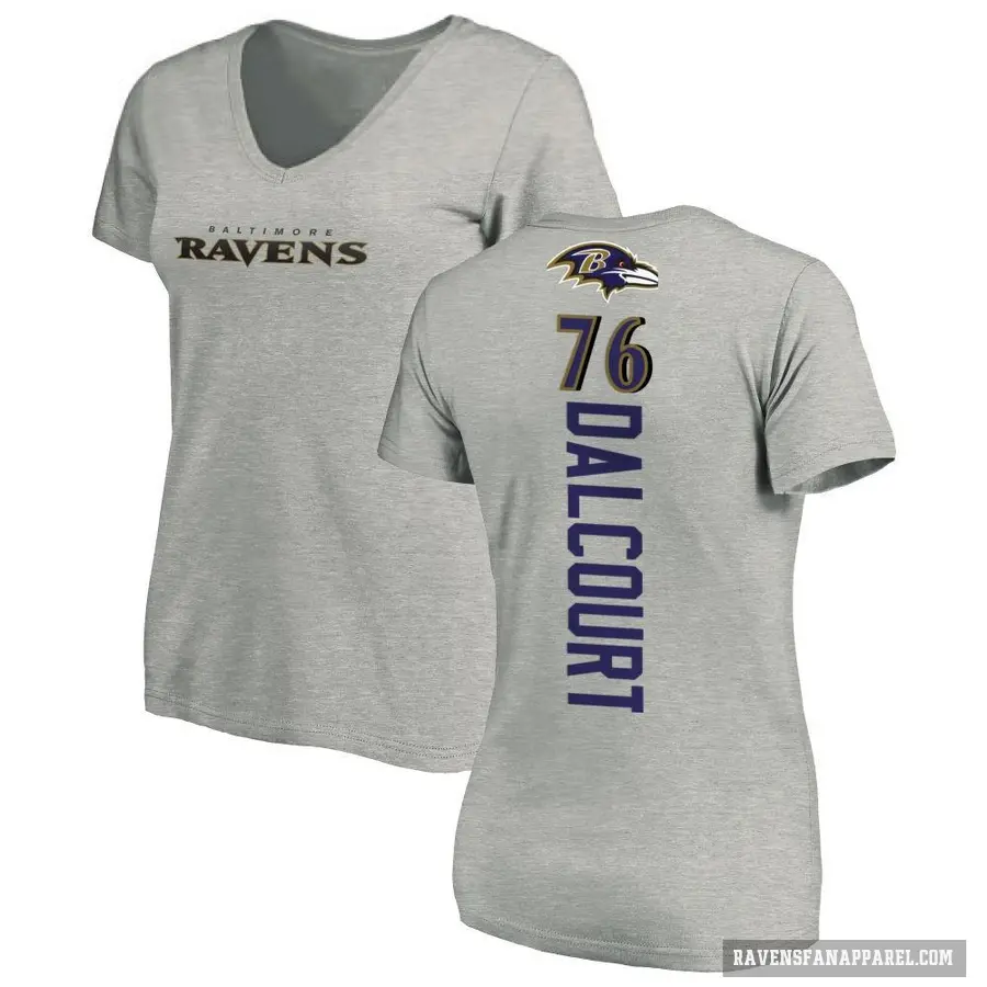 Women's ＃76 Darrian Dalcourt Baltimore Ravens Ash Backer V-Neck T-Shirt