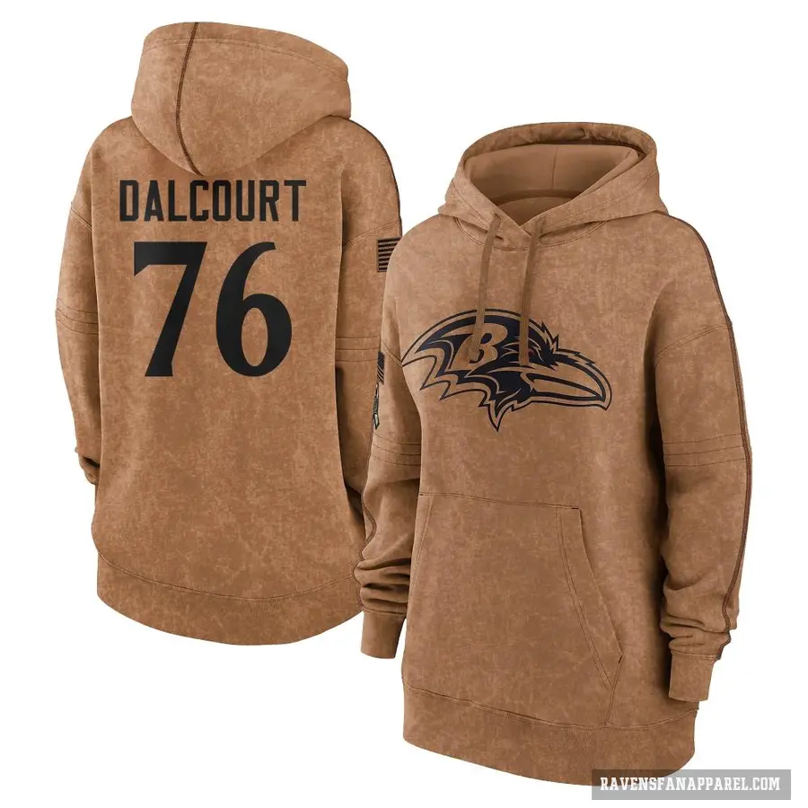 Women's ＃76 Darrian Dalcourt Baltimore Ravens Brown 2023 Salute To Service Pullover Hoodie