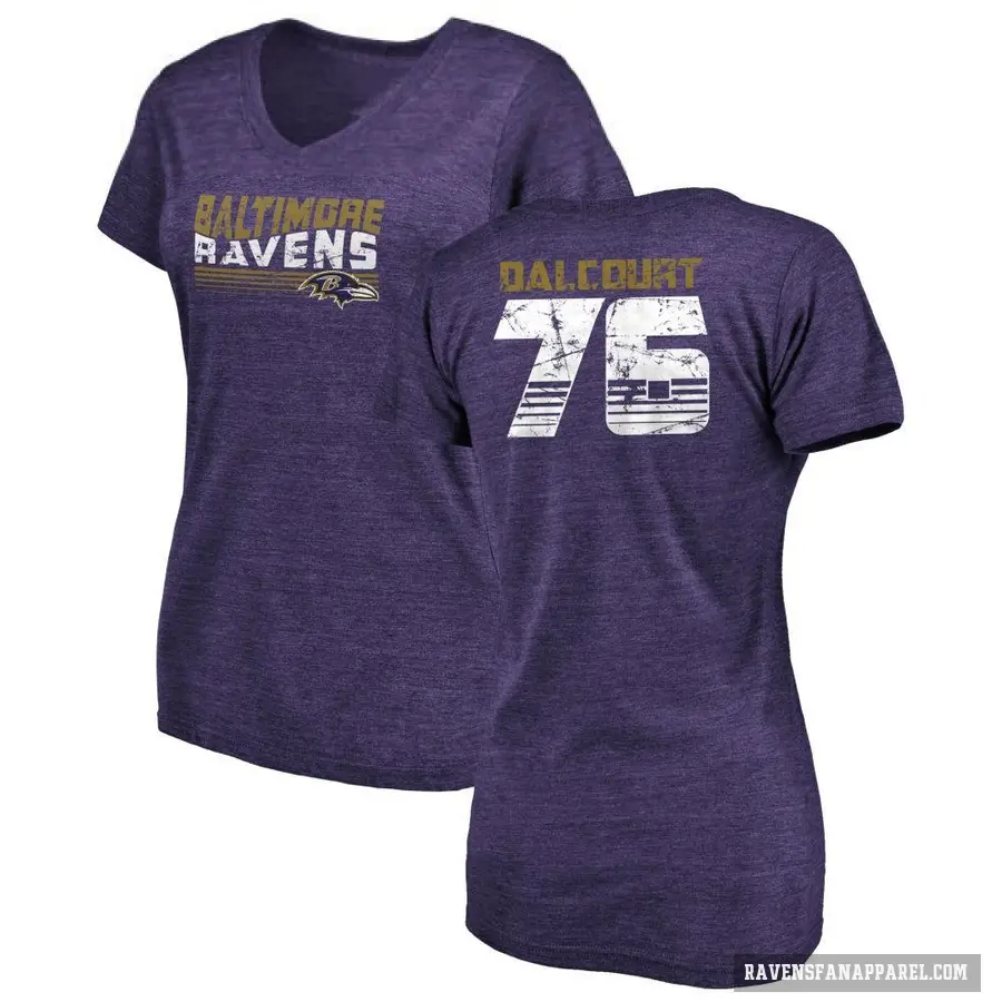 Women's ＃76 Darrian Dalcourt Baltimore Ravens Purple Retro V-Neck T-Shirt