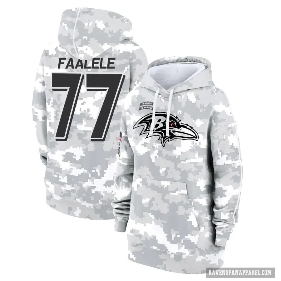 Women's ＃77 Daniel Faalele Baltimore Ravens Arctic Camo 2024 Salute to Service Club Fleece Pullover Hoodie