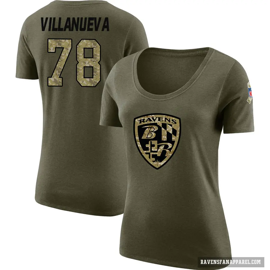 Women's ＃78 Alejandro Villanueva Baltimore Ravens Olive Salute to Service Scoop Neck T-Shirt