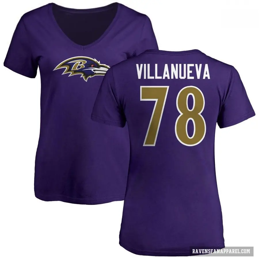 Women's ＃78 Alejandro Villanueva Baltimore Ravens Purple Logo V-Neck T-Shirt