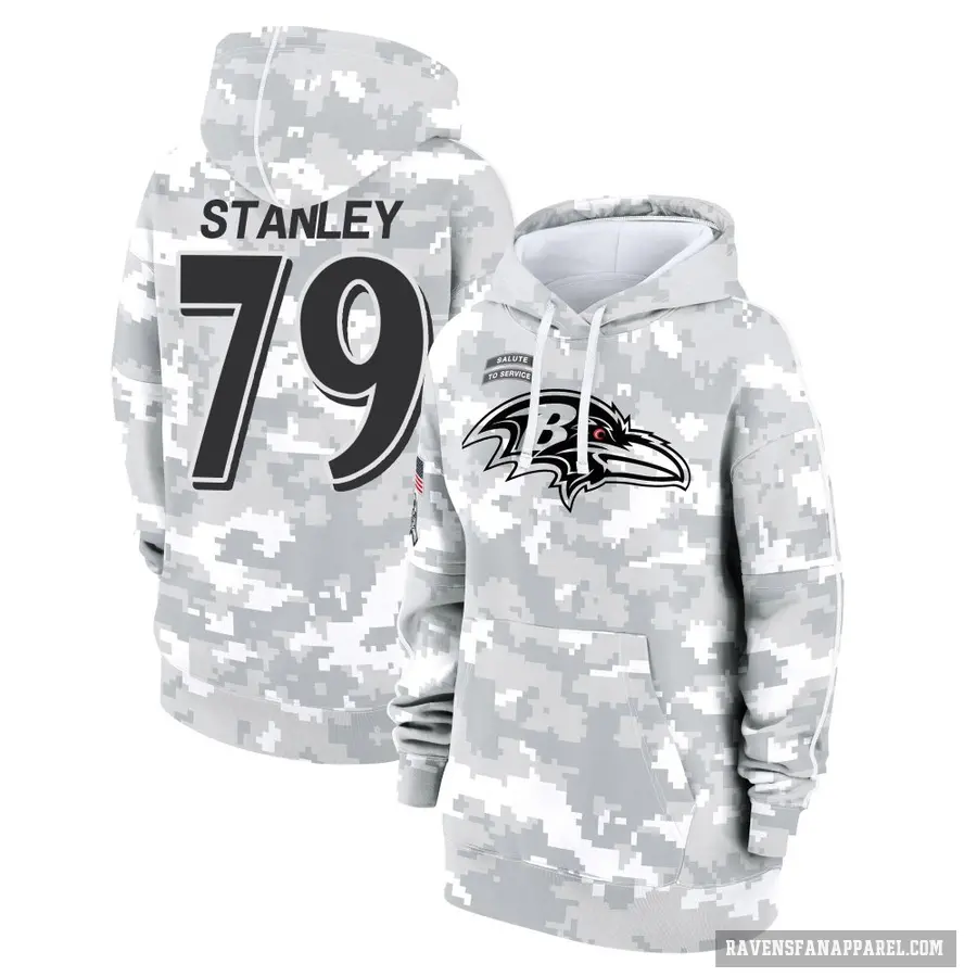 Women's ＃79 Ronnie Stanley Baltimore Ravens Arctic Camo 2024 Salute to Service Club Fleece Pullover Hoodie