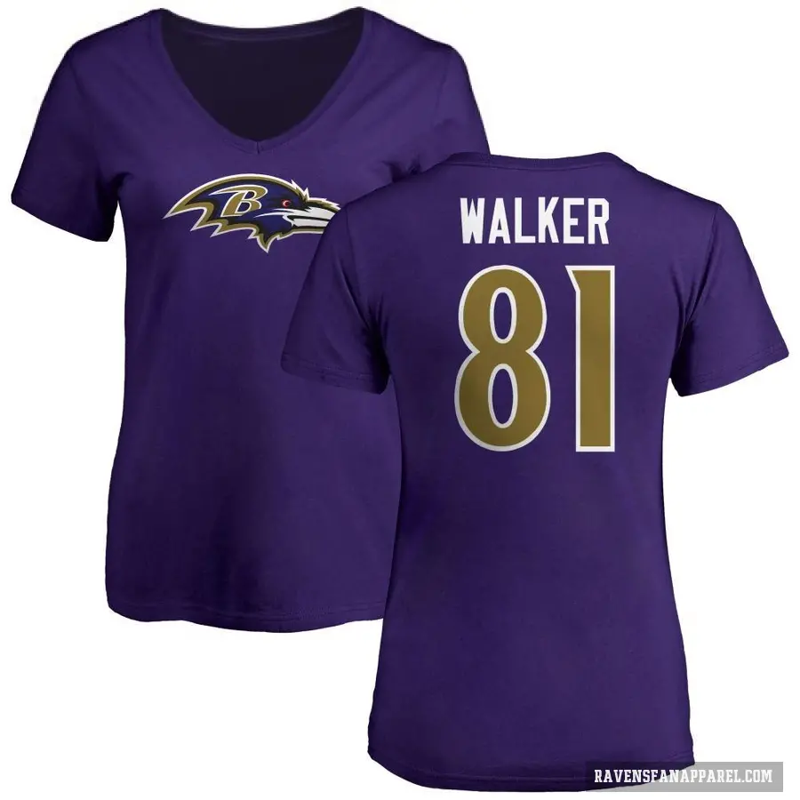 Women's ＃81 Devontez Walker Baltimore Ravens Purple Logo V-Neck T-Shirt