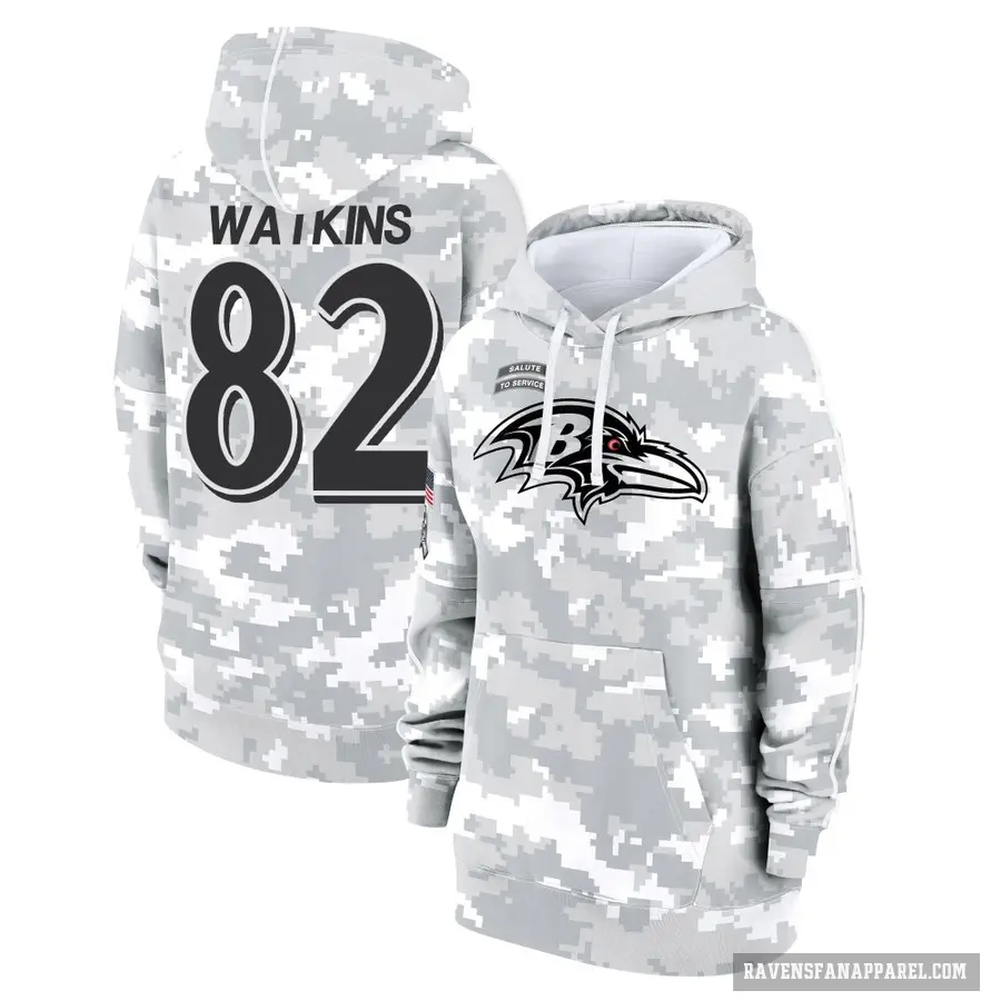 Women's ＃82 Sammy Watkins Baltimore Ravens Arctic Camo 2024 Salute to Service Club Fleece Pullover Hoodie