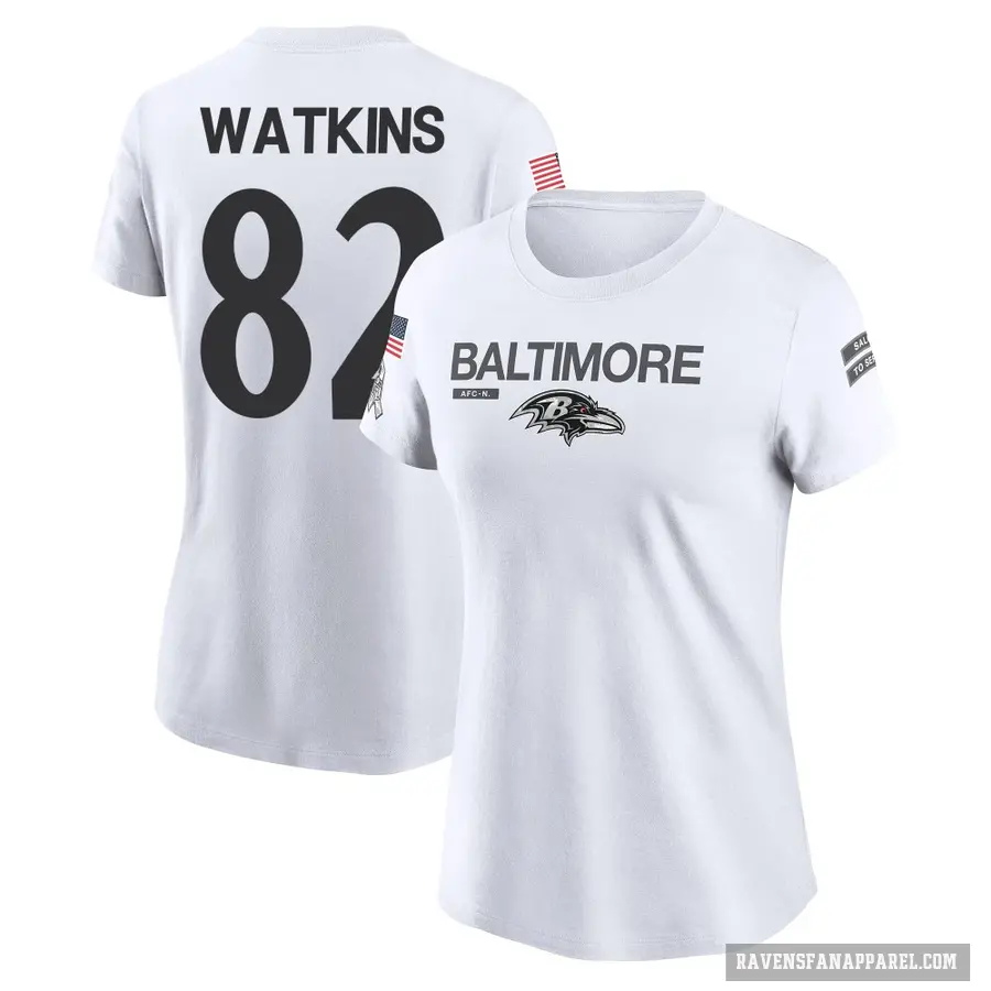 Women's ＃82 Sammy Watkins Baltimore Ravens White 2024 Salute to Service Performance T-Shirt